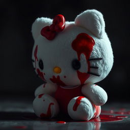 A vividly detailed scene featuring a Hello Kitty plush toy that is covered in blood stains, presented at a 0