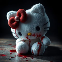 A vividly detailed scene featuring a Hello Kitty plush toy that is covered in blood stains, presented at a 0