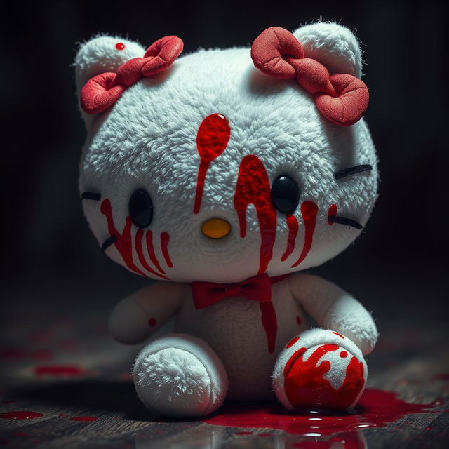 A vividly detailed scene featuring a Hello Kitty plush toy that is covered in blood stains, presented at a 0