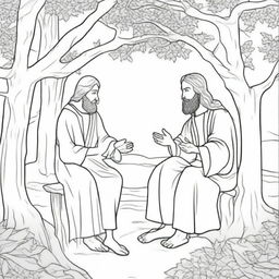 A colouring book page that shows an engaging biblical scene where Jesus is moving towards a man seated up in a tree.