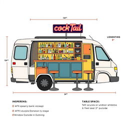 A detailed design layout of a minivan converted into a cocktail bar, including specific measurements