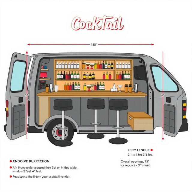 A detailed design layout of a minivan converted into a cocktail bar, including specific measurements