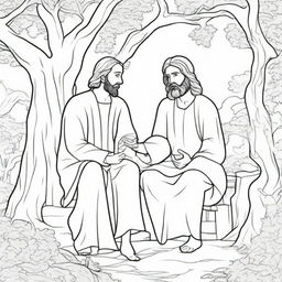 A colouring book page that shows an engaging biblical scene where Jesus is moving towards a man seated up in a tree.