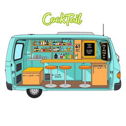 A detailed design layout of a minivan converted into a cocktail bar, including specific measurements