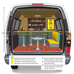 A detailed design layout of a minivan converted into a cocktail bar, including specific measurements