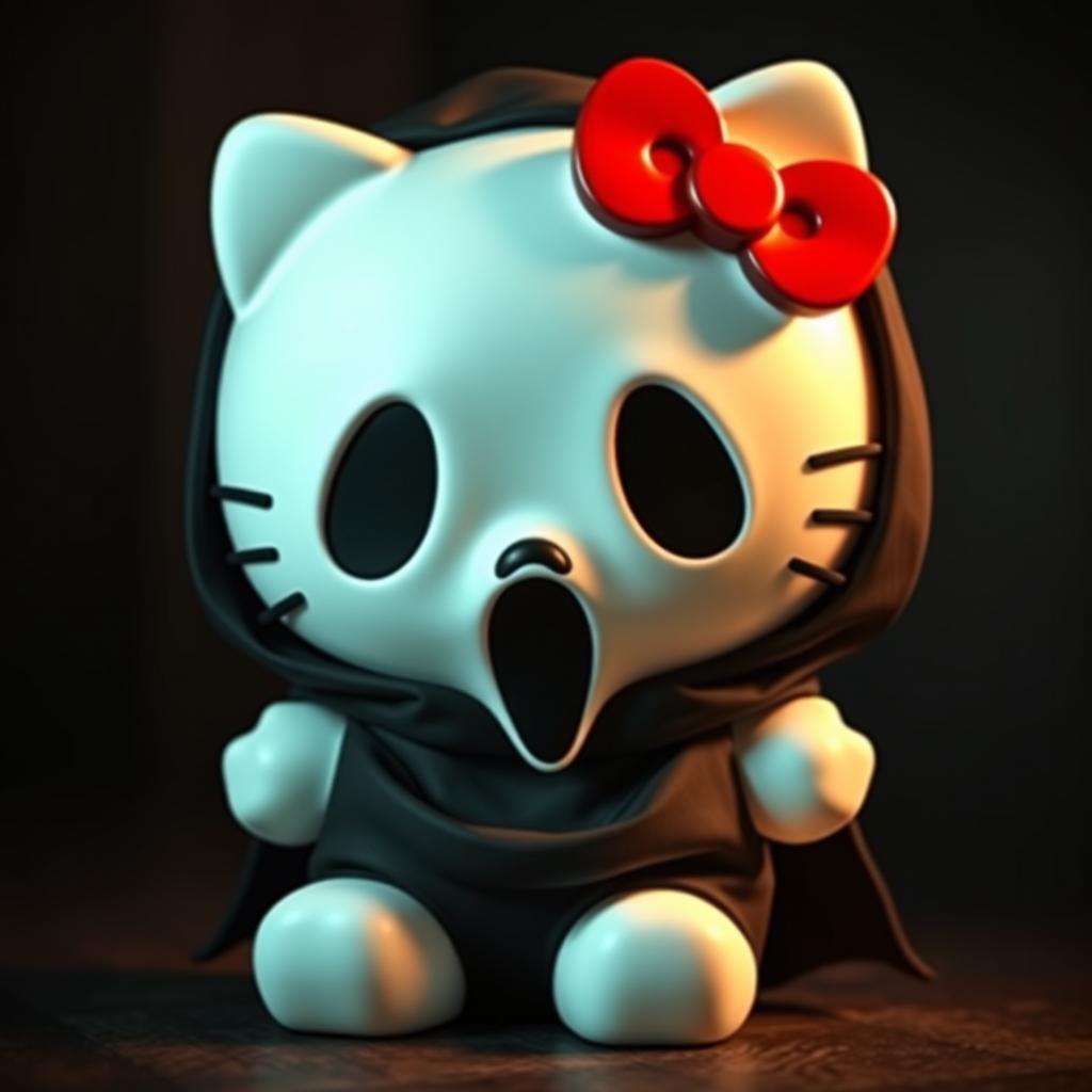 A whimsical and playful interpretation of Hello Kitty styled as Ghostface from the 'Scream' series