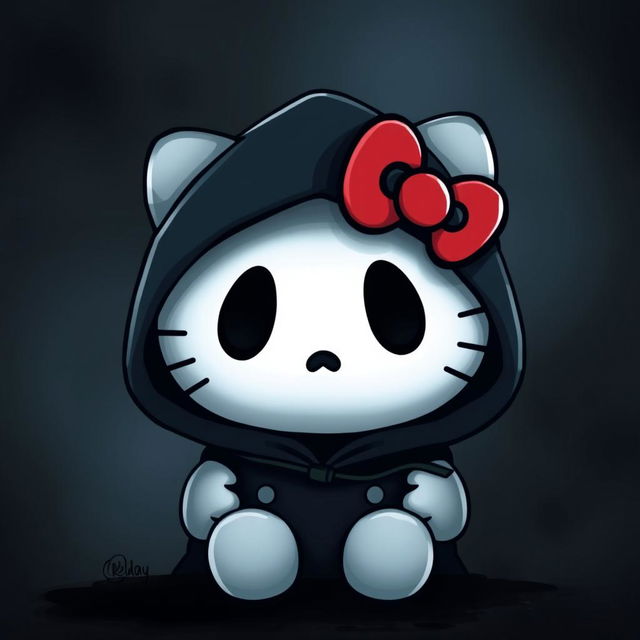 A whimsical and playful interpretation of Hello Kitty styled as Ghostface from the 'Scream' series