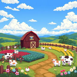 A charming pixel art depiction of a farm landscape, featuring a detailed farm scene with a rustic barn, rows of colorful crops, and cute pixelated animals like cows and chickens scattered throughout