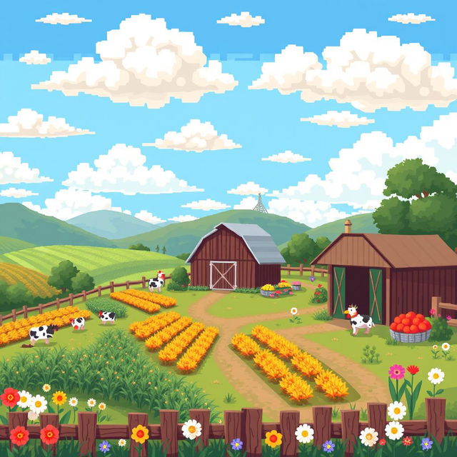 A charming pixel art depiction of a farm landscape, featuring a detailed farm scene with a rustic barn, rows of colorful crops, and cute pixelated animals like cows and chickens scattered throughout