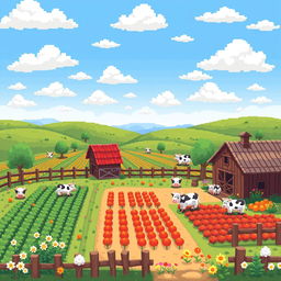 A charming pixel art depiction of a farm landscape, featuring a detailed farm scene with a rustic barn, rows of colorful crops, and cute pixelated animals like cows and chickens scattered throughout
