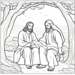 A colouring book page that shows an engaging biblical scene where Jesus is moving towards a man seated up in a tree.