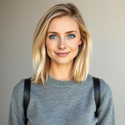 A 30-year-old woman with shoulder-length light blonde hair and warm blue eyes that convey kindness