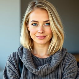 A 30-year-old woman with shoulder-length light blonde hair and warm blue eyes that convey kindness