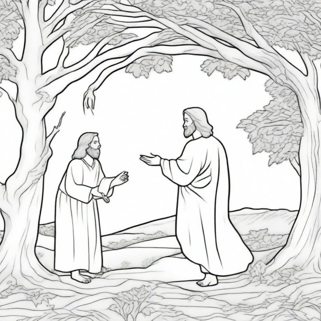 A meaningful colouring book page that presents Jesus walking towards a tree where a man is perched on a branch, curiously observing