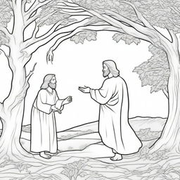 A meaningful colouring book page that presents Jesus walking towards a tree where a man is perched on a branch, curiously observing