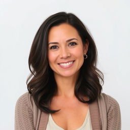 A woman aged 35-45 with light makeup and a gentle smile, looking natural and attractive with a warm, friendly expression