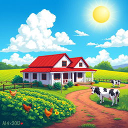 A vibrant and detailed pixel art representation of a farmhouse (fazenda) in a rural setting, featuring a colorful landscape with a bright blue sky, fluffy clouds, and a sun shining down
