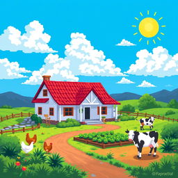 A vibrant and detailed pixel art representation of a farmhouse (fazenda) in a rural setting, featuring a colorful landscape with a bright blue sky, fluffy clouds, and a sun shining down