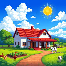 A vibrant and detailed pixel art representation of a farmhouse (fazenda) in a rural setting, featuring a colorful landscape with a bright blue sky, fluffy clouds, and a sun shining down