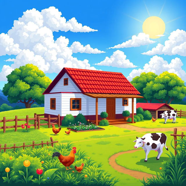 A vibrant and detailed pixel art representation of a farmhouse (fazenda) in a rural setting, featuring a colorful landscape with a bright blue sky, fluffy clouds, and a sun shining down