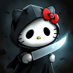 A playful and eerie depiction of Hello Kitty transformed into Ghostface from the 'Scream' series, holding a knife