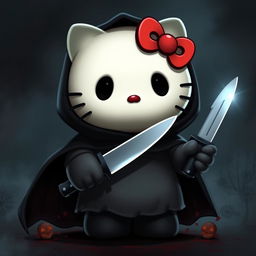 A playful and eerie depiction of Hello Kitty transformed into Ghostface from the 'Scream' series, holding a knife