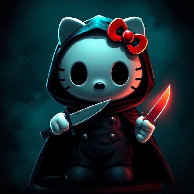 A playful and eerie depiction of Hello Kitty transformed into Ghostface from the 'Scream' series, holding a knife