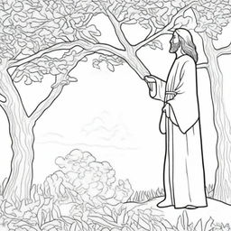 A meaningful colouring book page that presents Jesus walking towards a tree where a man is perched on a branch, curiously observing