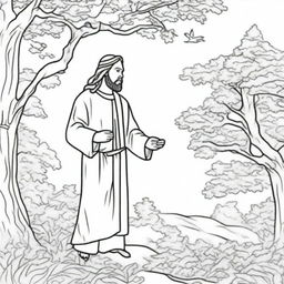 A meaningful colouring book page that presents Jesus walking towards a tree where a man is perched on a branch, curiously observing