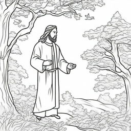 A meaningful colouring book page that presents Jesus walking towards a tree where a man is perched on a branch, curiously observing