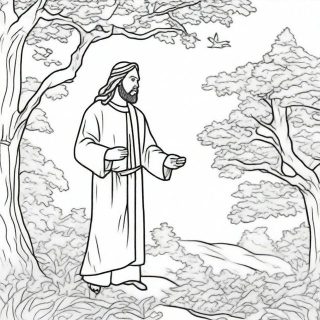 A meaningful colouring book page that presents Jesus walking towards a tree where a man is perched on a branch, curiously observing