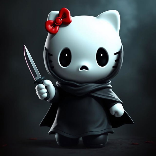 A creative and playful rendition of Hello Kitty reimagined as Ghostface from the 'Scream' series, holding a single knife