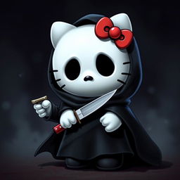 A creative and playful rendition of Hello Kitty reimagined as Ghostface from the 'Scream' series, holding a single knife