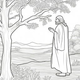 A meaningful colouring book page that presents Jesus walking towards a tree where a man is perched on a branch, curiously observing