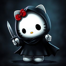 A creative and playful rendition of Hello Kitty reimagined as Ghostface from the 'Scream' series, holding a single knife