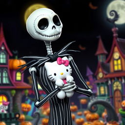A charming and whimsical scene featuring Jack Skellington, the Pumpkin King from 'The Nightmare Before Christmas', delicately holding Hello Kitty in his skeletal arms