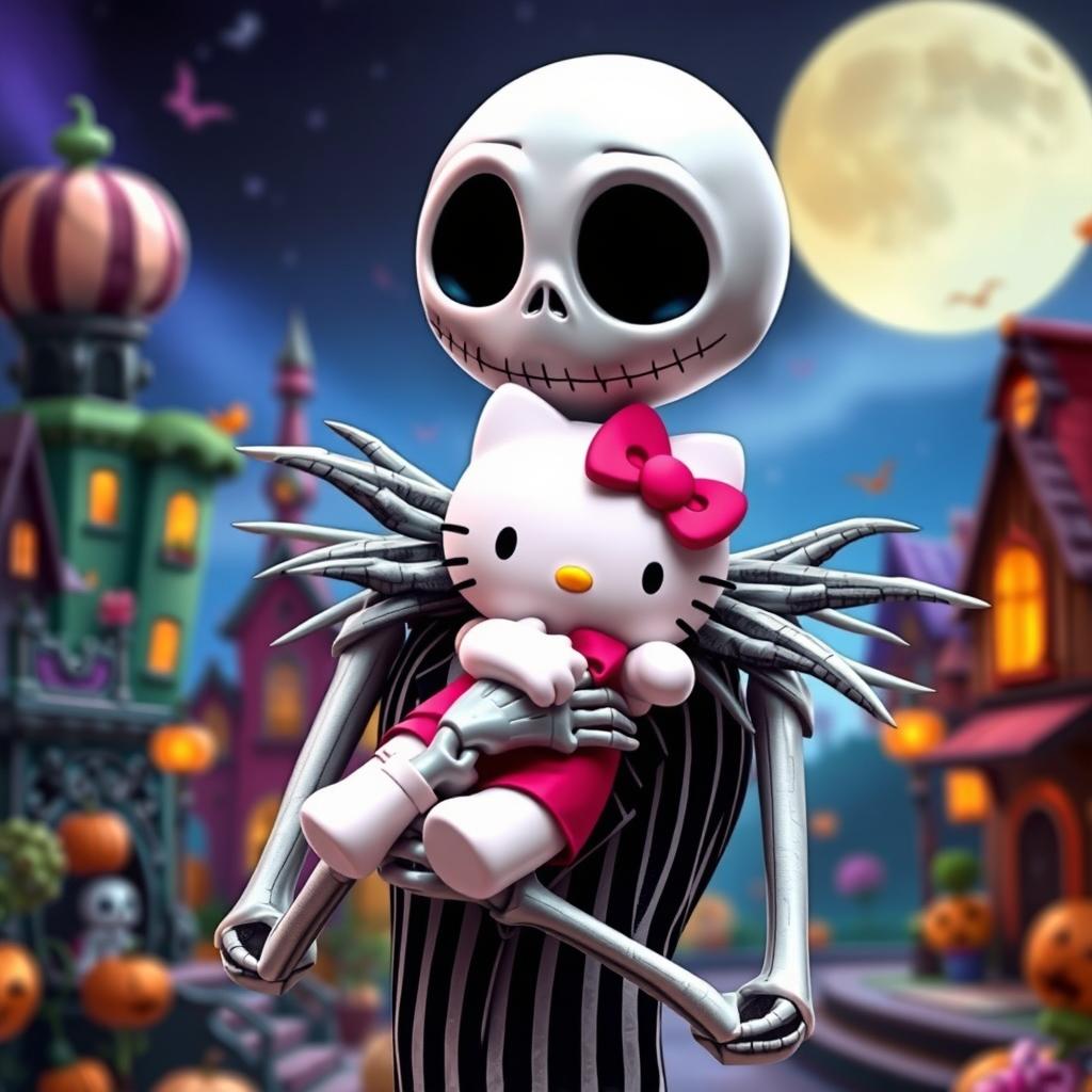 A charming and whimsical scene featuring Jack Skellington, the Pumpkin King from 'The Nightmare Before Christmas', delicately holding Hello Kitty in his skeletal arms