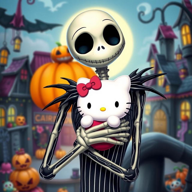 A charming and whimsical scene featuring Jack Skellington, the Pumpkin King from 'The Nightmare Before Christmas', delicately holding Hello Kitty in his skeletal arms