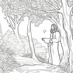 A colouring book page depicting Jesus walking towards a tree, with a man perched on one of its branches, watching him.