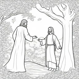 A colouring book page depicting Jesus walking towards a tree, with a man perched on one of its branches, watching him.