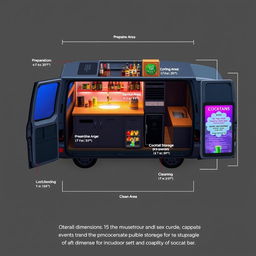 A detailed design layout of a minivan transformed into a cocktail bar, including specific measurements for each area