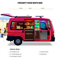 A detailed design layout of a minivan transformed into a cocktail bar, including specific measurements for each area