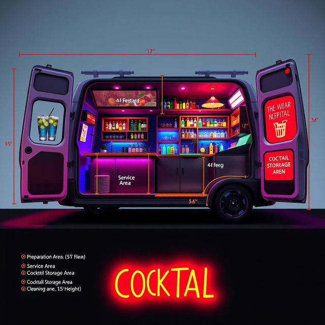 A detailed design layout of a minivan transformed into a cocktail bar, including specific measurements for each area