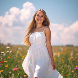 A beautiful young woman standing in a sunlit meadow, with wildflowers blooming around her