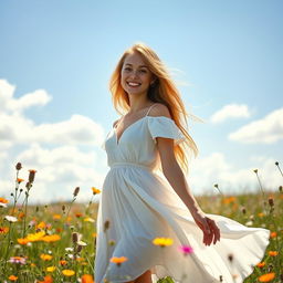 A beautiful young woman standing in a sunlit meadow, with wildflowers blooming around her