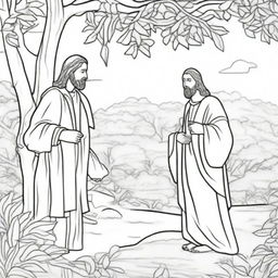 A colouring book page depicting Jesus walking towards a tree, with a man perched on one of its branches, watching him.