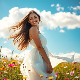 A beautiful young woman standing in a sunlit meadow, with wildflowers blooming around her