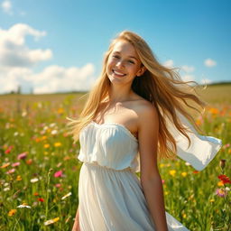A beautiful young woman standing in a sunlit meadow, with wildflowers blooming around her
