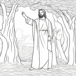 A colouring book page depicting Jesus walking towards a tree, with a man perched on one of its branches, watching him.