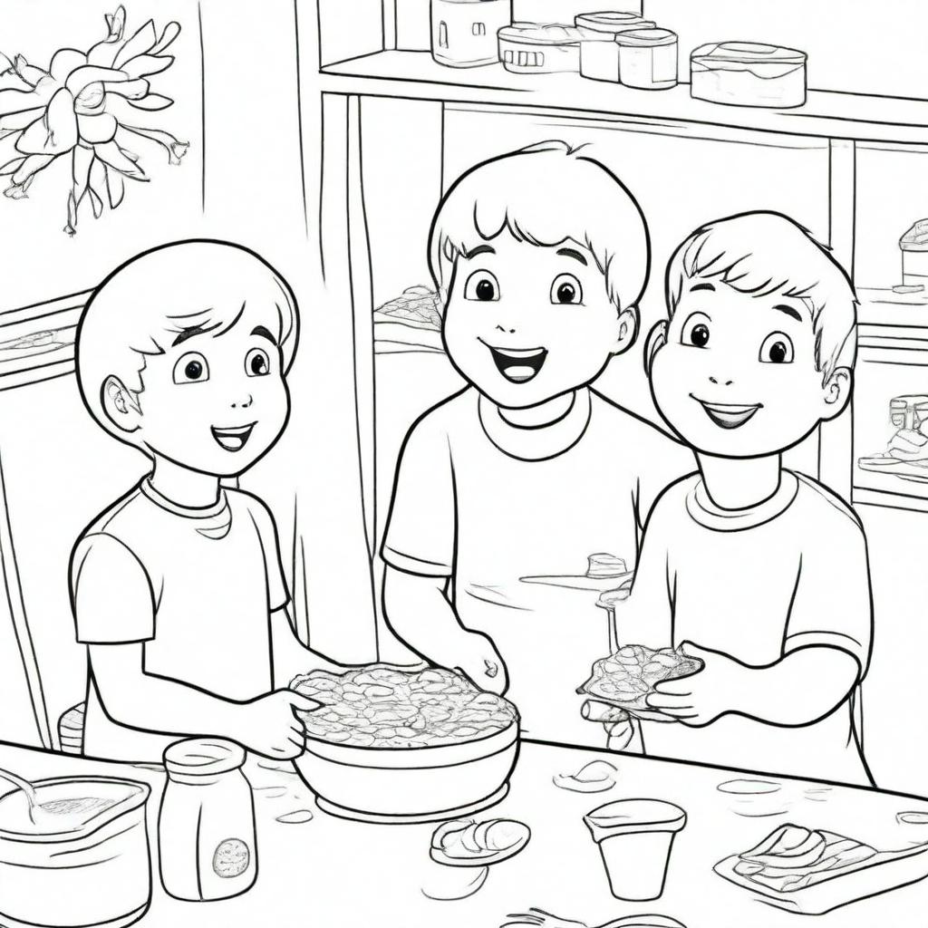 A heartwarming colouring book page of a happy boy sharing his food with friends or those in need.